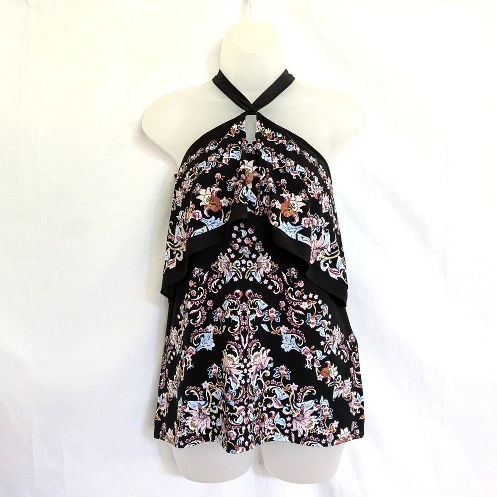 White House Black Market Halter Top XXSP Petite Black Floral Tiered Boho Tie